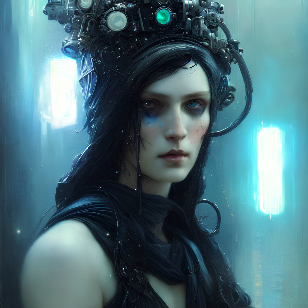 Detailed Digital Portrait of Woman with Futuristic Headset on Cool-Toned Background