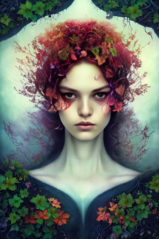 Digital portrait of woman with autumn crown, intense gaze, framed by green foliage.