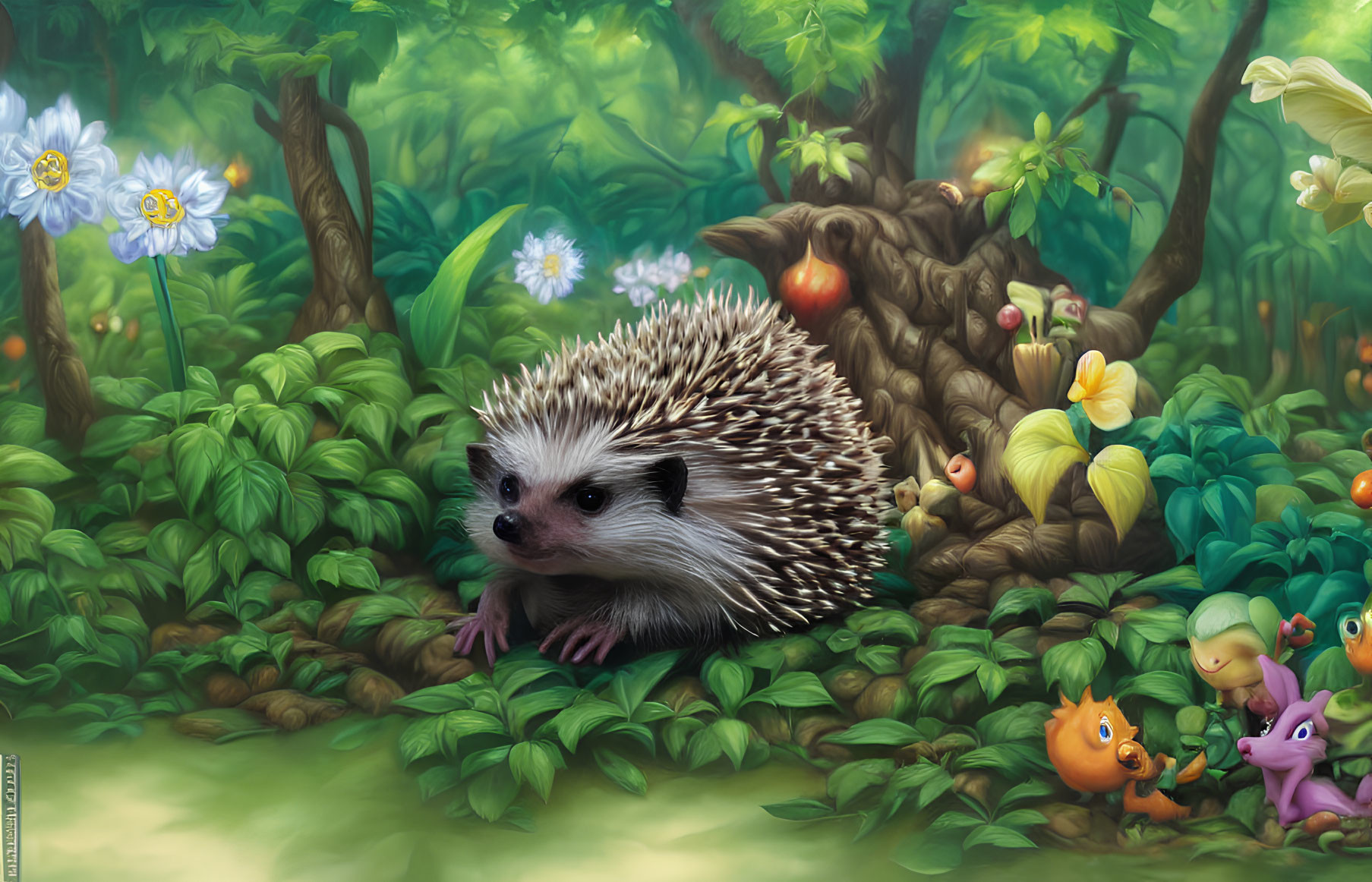 Vibrant forest scene with hedgehog and colorful creatures