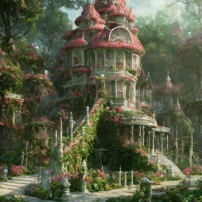 Enchanting fairy-tale castle surrounded by pink vines in ancient forest