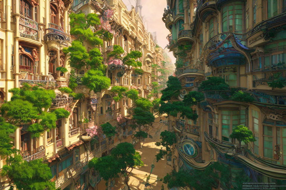 Detailed digital artwork of a fantasy city with ornate buildings, bridges, and greenery under golden light