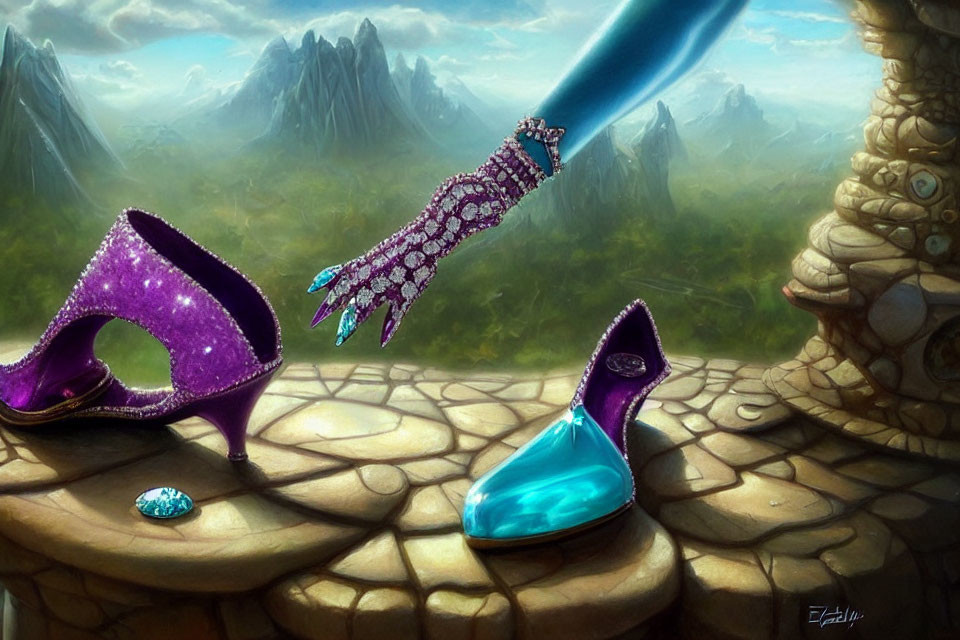 Fantastical scene: shattered amethyst heel, teal slipper, bejeweled glove,