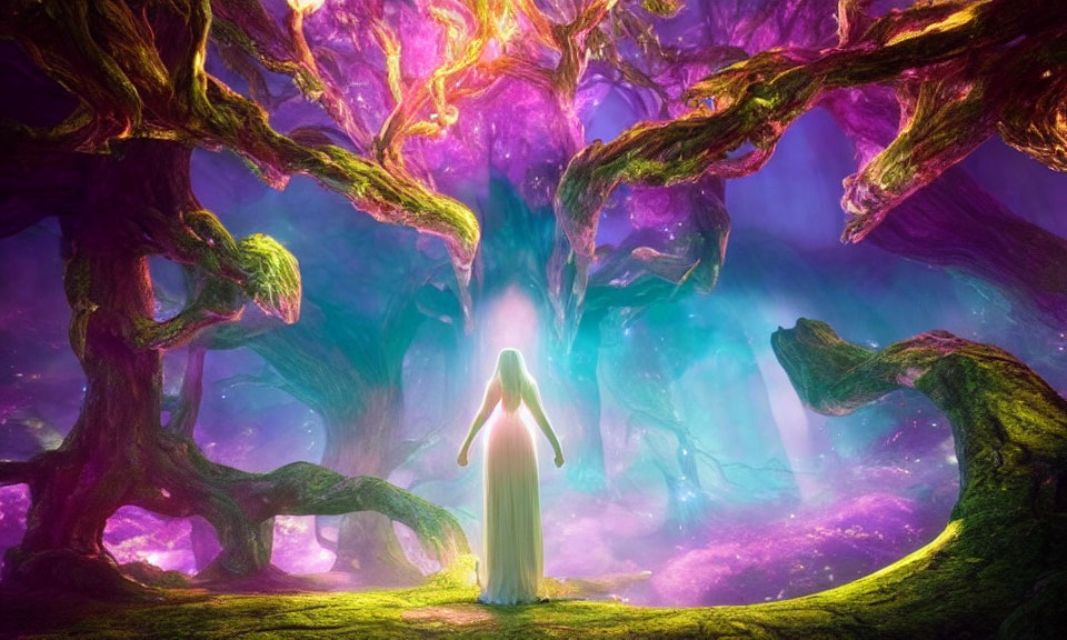 Person in Long Dress Standing in Mystical Forest with Vibrant Purple and Green Hues