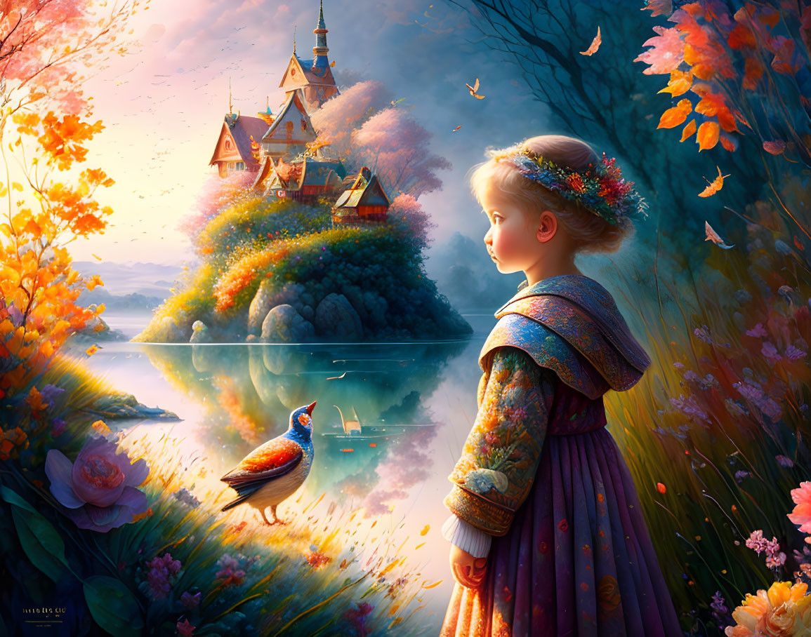 Young girl admires vibrant landscape with castle, foliage, and duck by serene lake in golden light