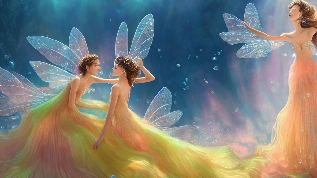 Ethereal fairies with translucent wings in vibrant nebula setting