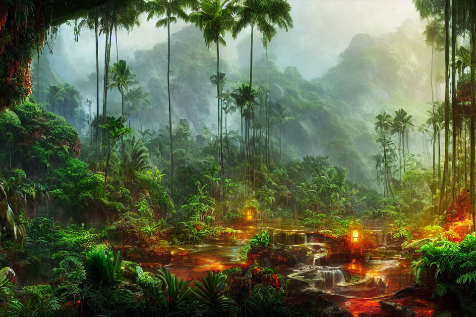 Lush rainforest with tall trees, dense foliage, and glowing stream