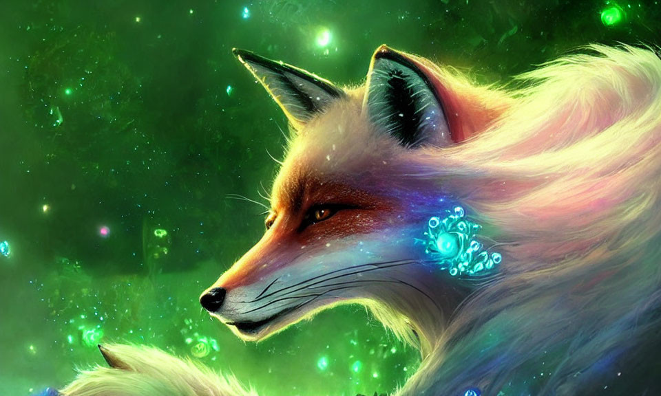 Digital Art: Fox with Blue Floral Embellishments on Green Starry Background