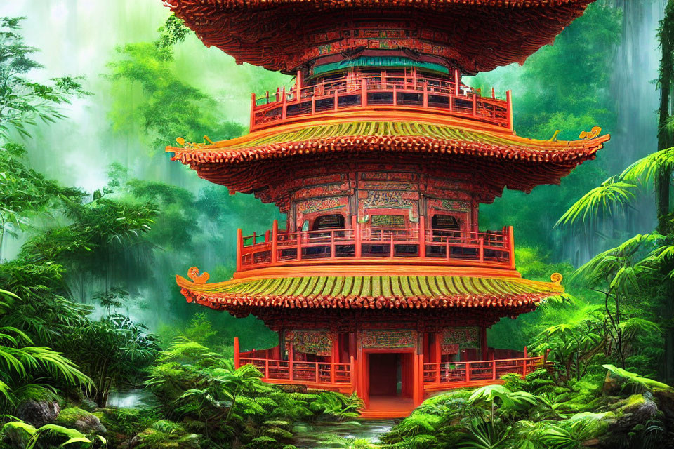 Colorful digital illustration: Traditional Asian pagoda in lush forest