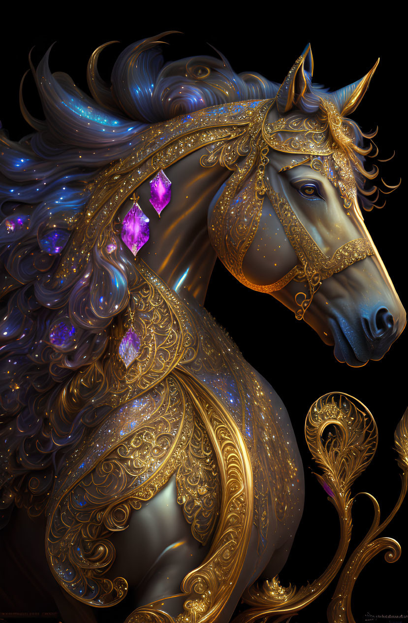 Majestic horse digital artwork with golden embellishments