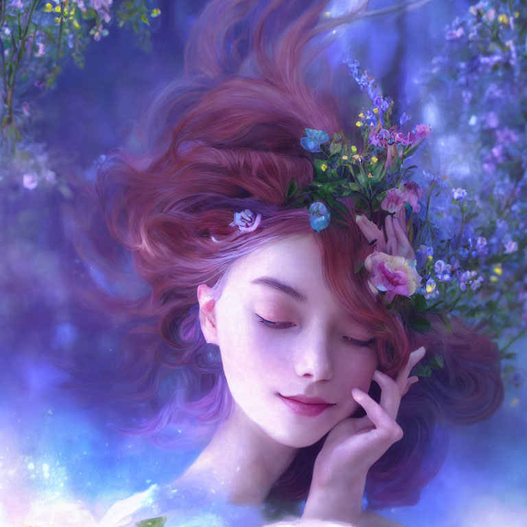 Woman with Auburn Hair and Flowers in Dreamy Blue Background