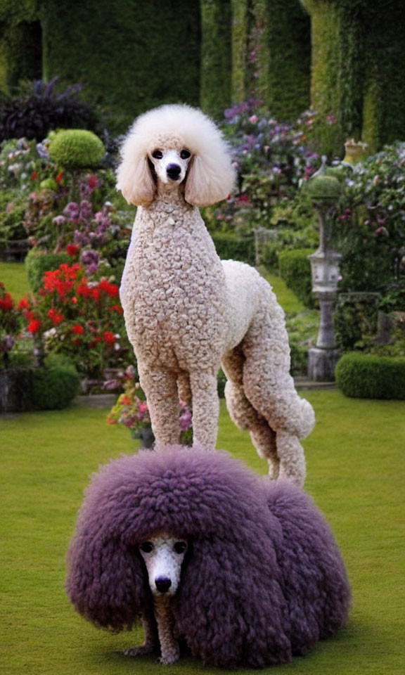 Two poodles on a lawn with trimmed hedges