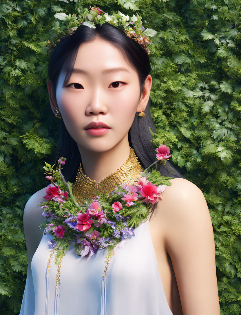 Woman in floral headpiece and white dress against leafy backdrop