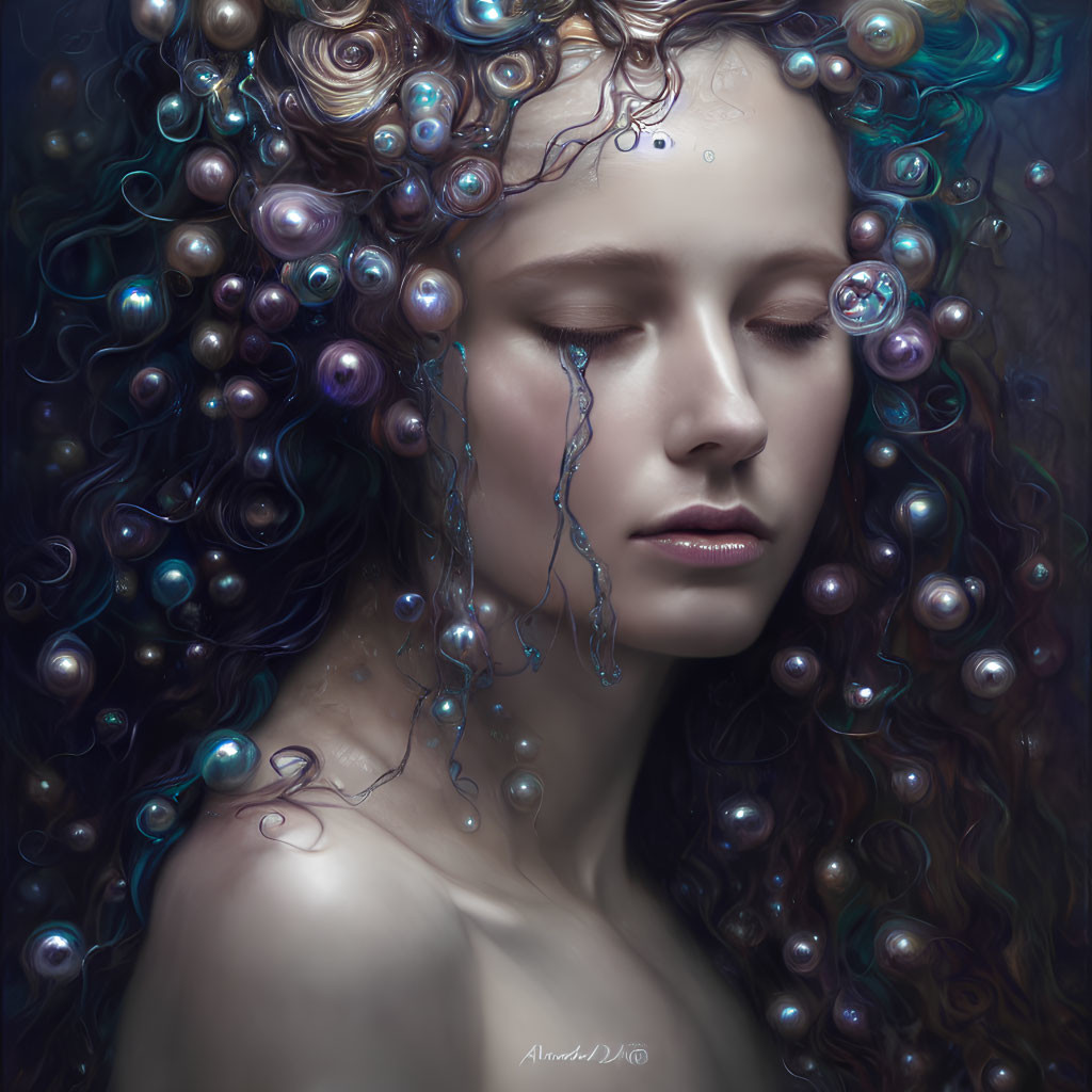 Surreal portrait of woman with liquid pearl tear and curly hair