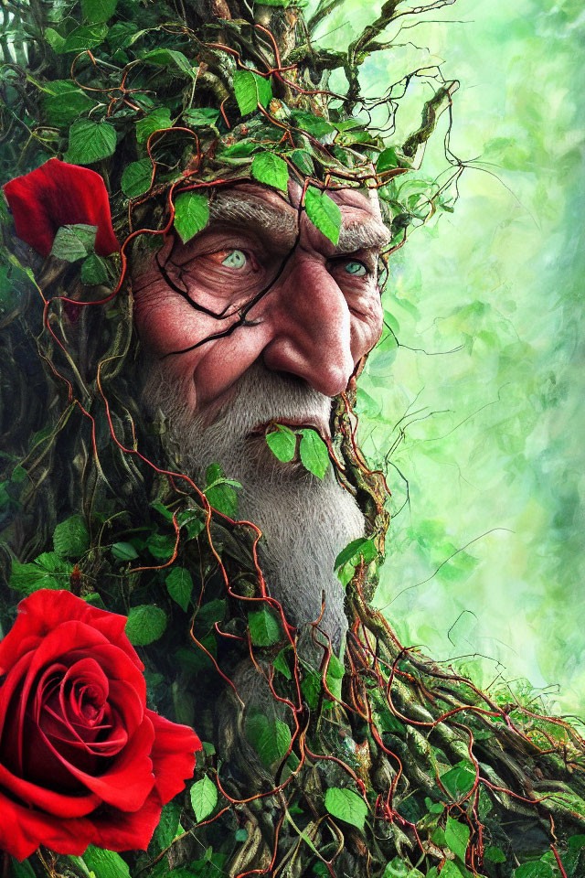 Illustration of old man's face with green vines and red roses on misty green backdrop