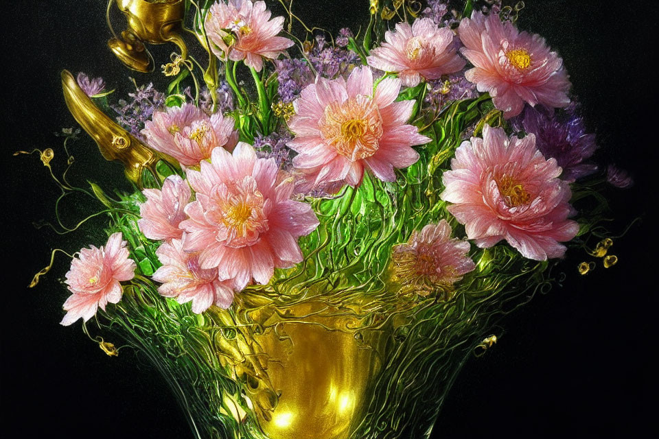 Pink flowers in gold vase on black background with gold swirls.