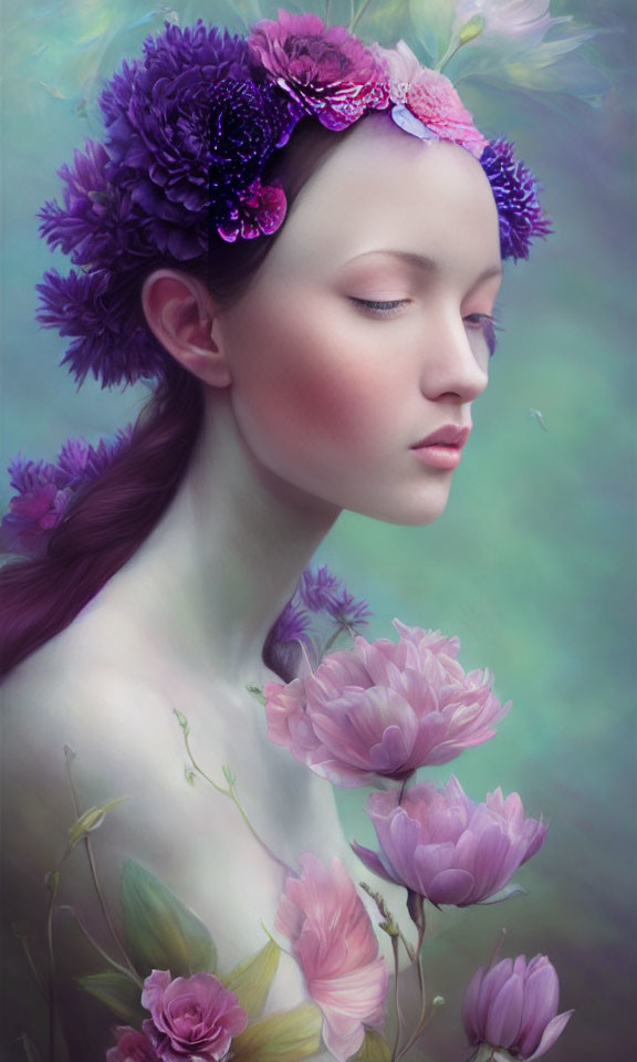 Person with closed eyes wearing crown of purple and pink flowers on dreamy background.