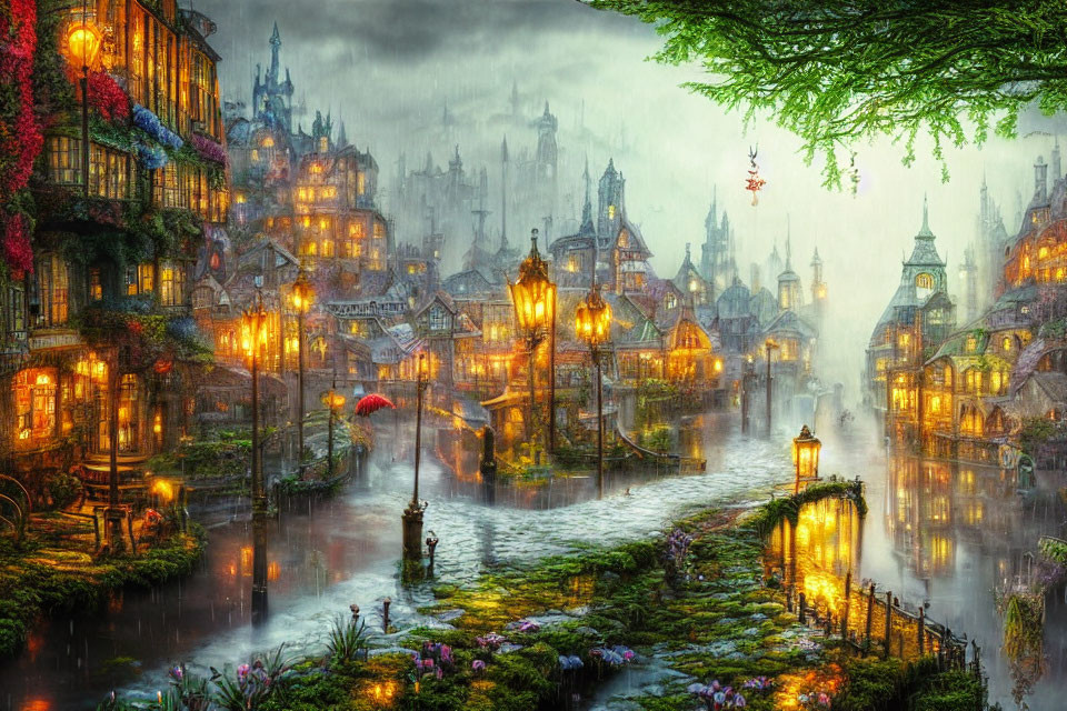 Fantastical dusk cityscape with glowing houses, vibrant flora, tranquil river, floating lanterns,