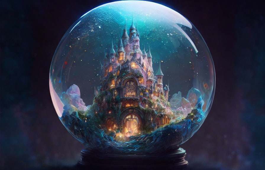 Enchanting snow globe scene with mystical castle, starlit sky, and lush greenery