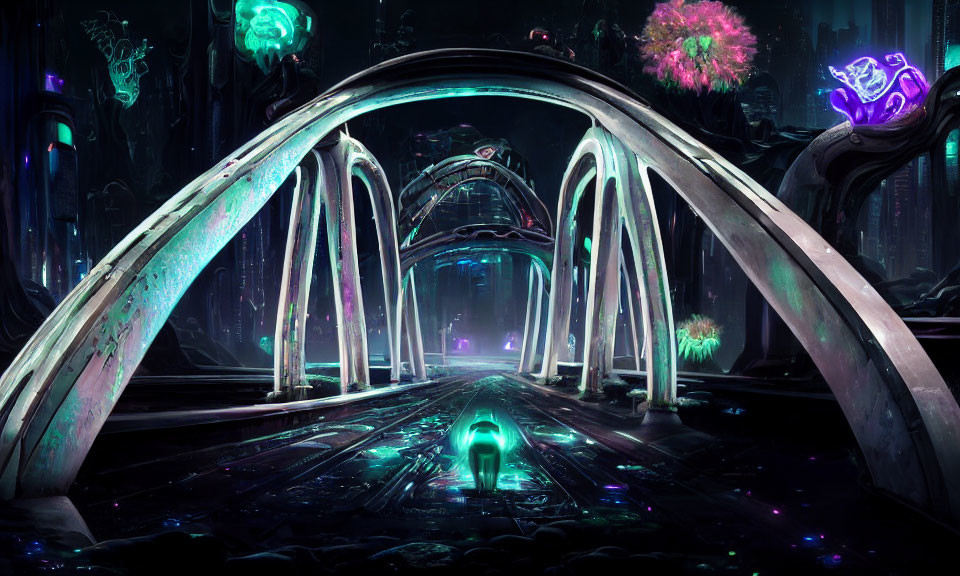 Futuristic neon-lit corridor with illuminated plant-life and green glow