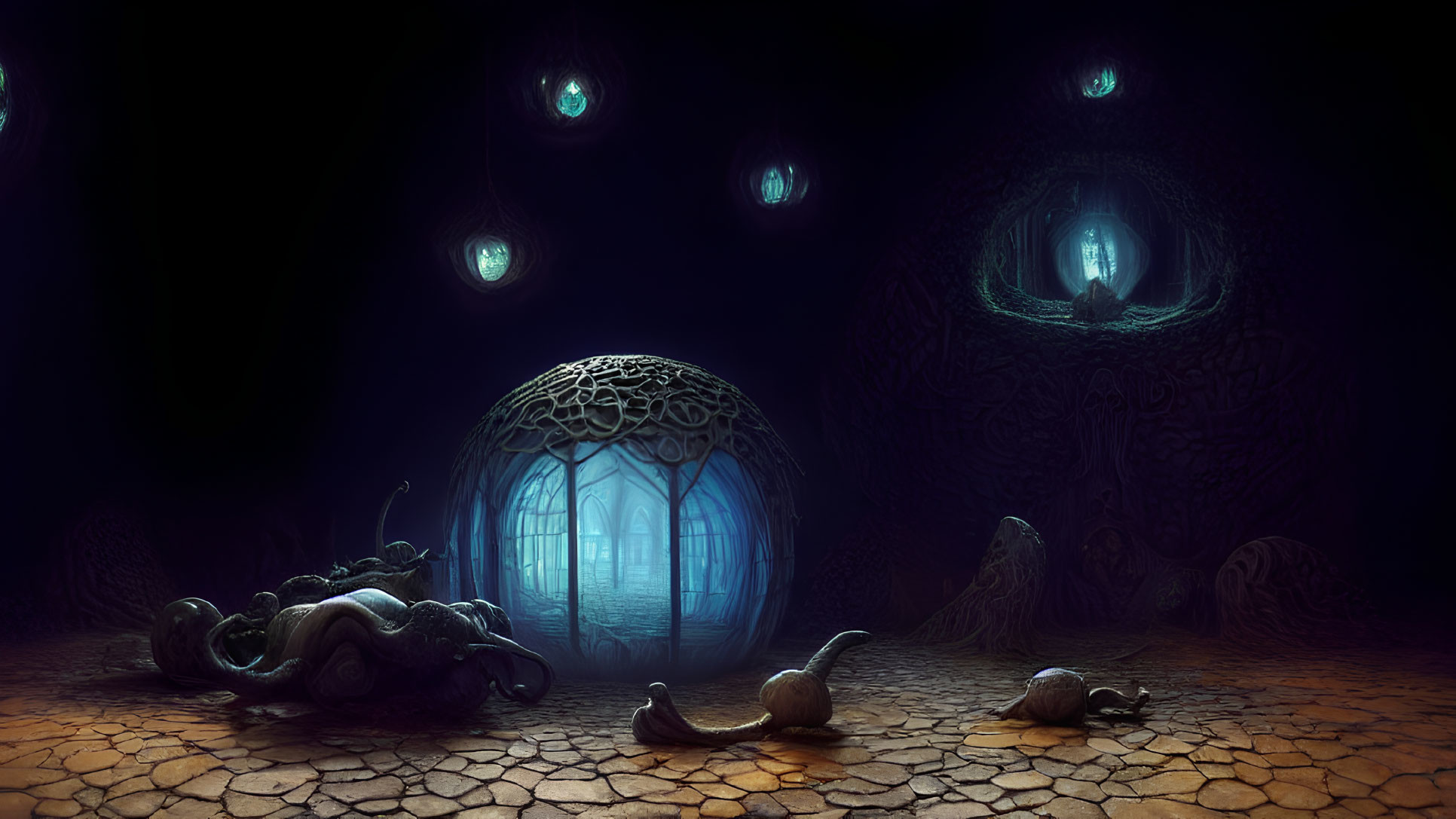 Mysterious dark room with glowing blue orbs and snail-like creatures near ornate glowing doorway