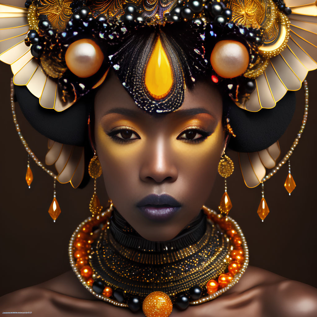 Elaborate golden headdress with beads, black pearls, and orange gems