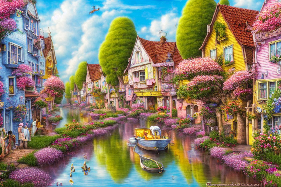 Colorful Village by Serene River with Boat and Lush Nature