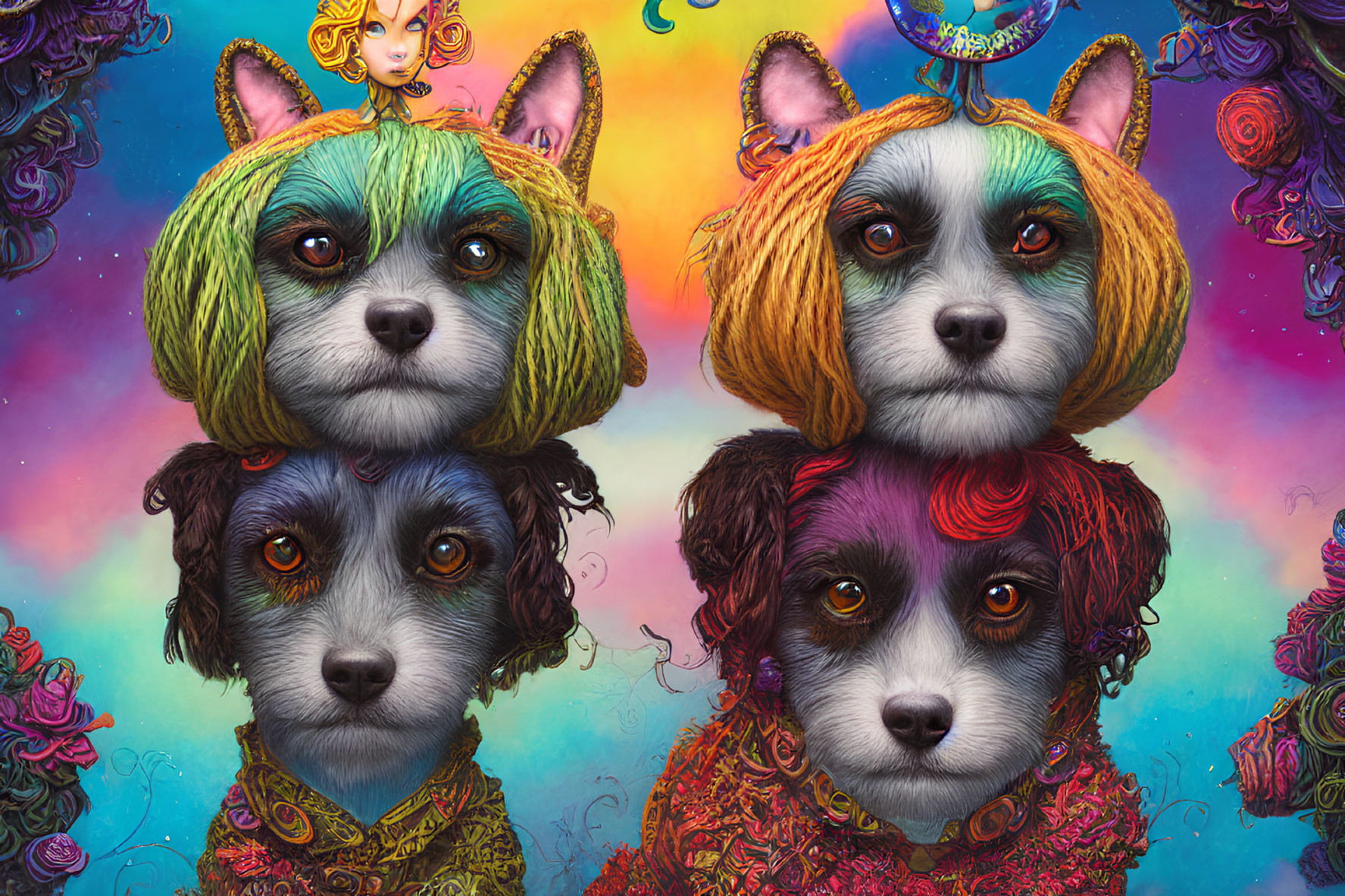 Colorful Stylized Dogs with Yarn-like Fur and Whimsical Hats on Psychedelic