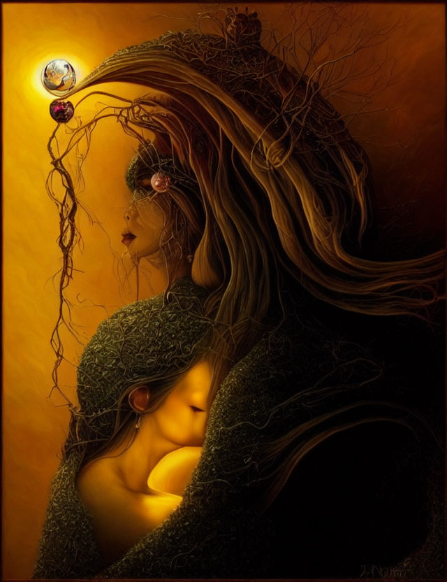 Surreal artwork: Woman with flowing hair, entwined branches, and glowing orb in warm