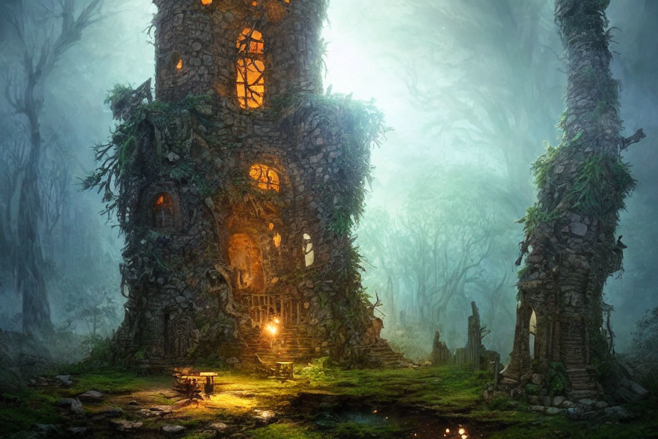 Stone tower in mystical forest with vines, fog, warm lights, and campfire