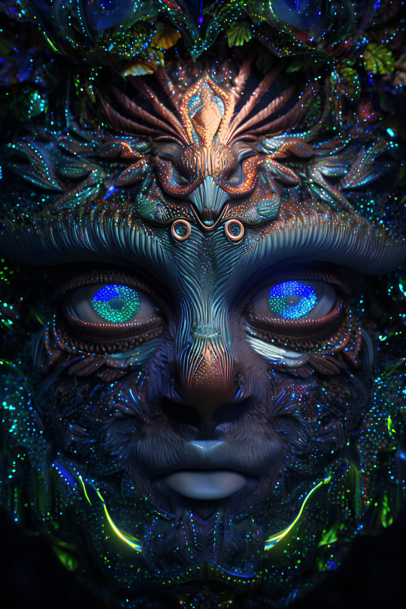 Colorful digital artwork: surreal face with multiple eyes and intricate patterns