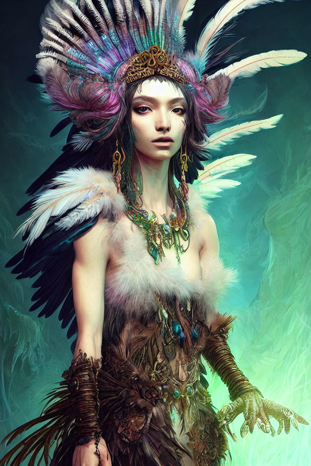 Elaborate Feather Headdress and Ornate Jewelry on Fur-Clad Figure