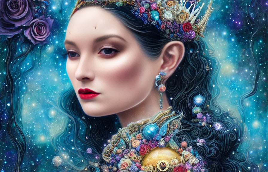 Woman with Black Hair and Cosmic Crown in Mystical Portrait