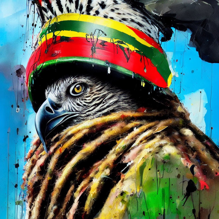 Vibrant Eagle Head Street Art with Rasta Hat and Dreadlocks