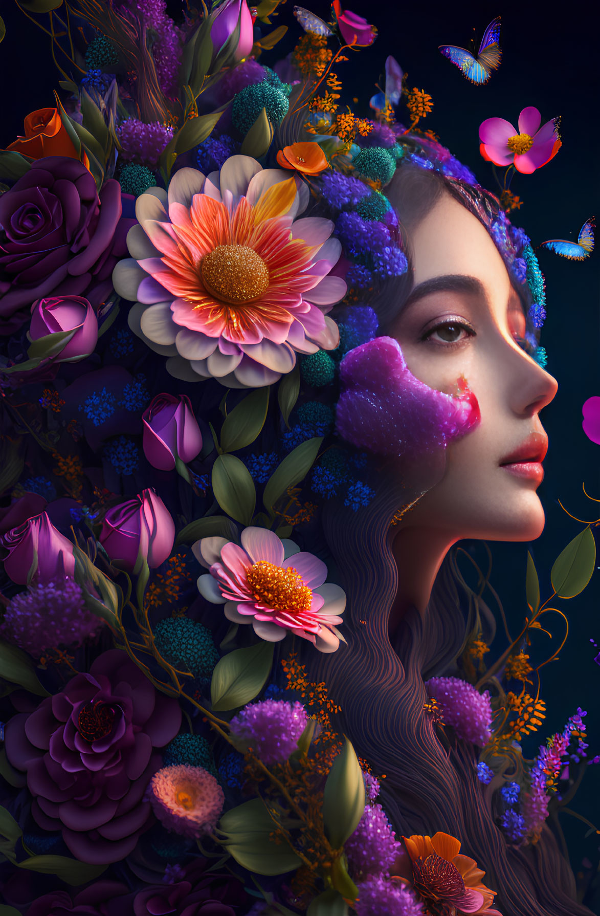 Colorful surreal portrait of woman with flowers and butterflies blending into hair and background