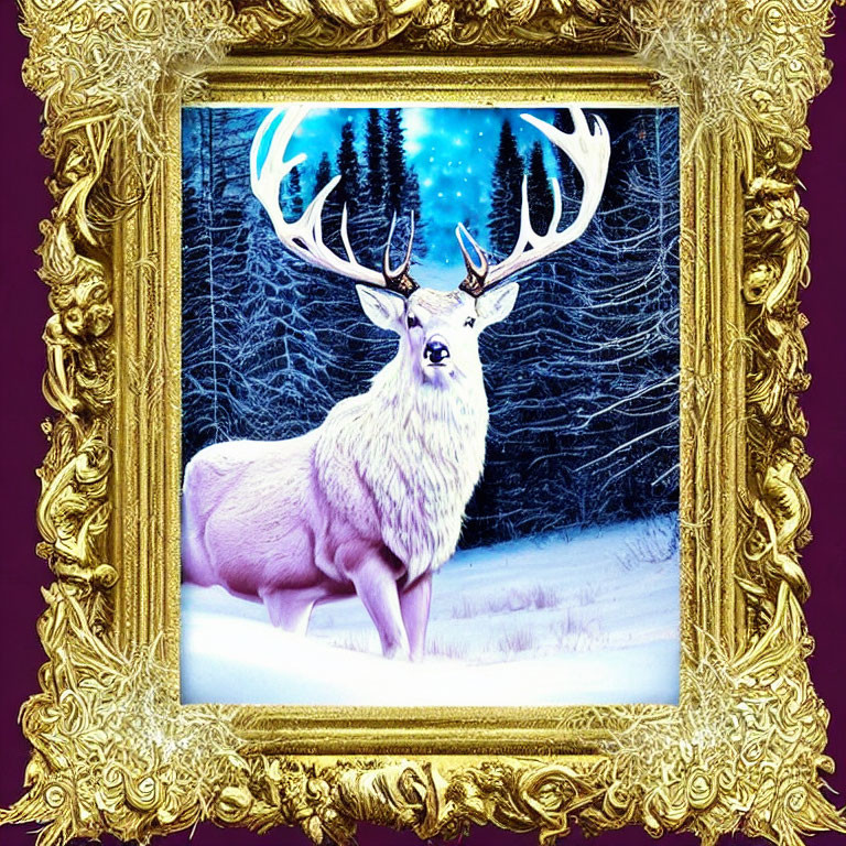 White Stag with Antlers in Snowy Landscape and Golden Frame