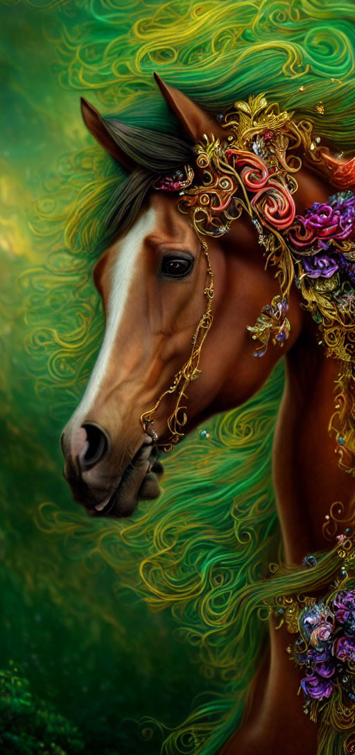 Ornate golden headgear on horse with flowers in digital art