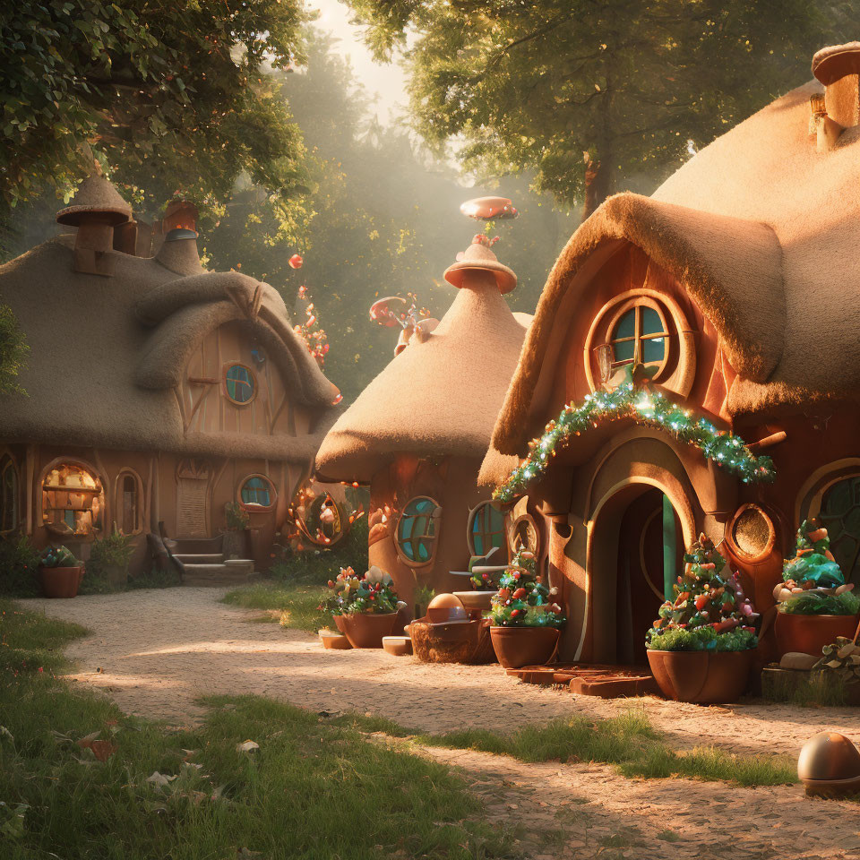 Thatched-Roof Cottages in Enchanting Village at Dusk