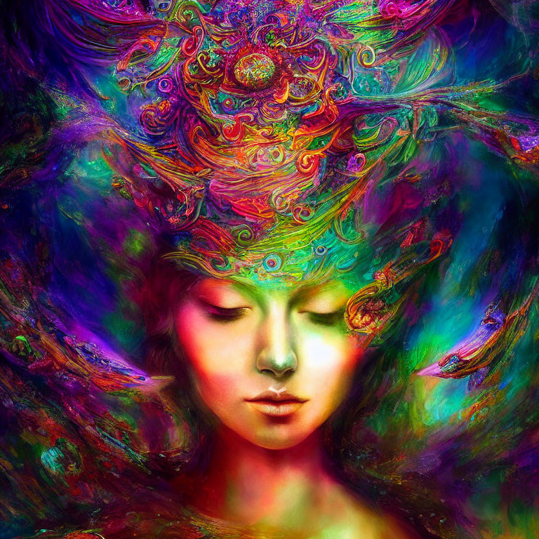 Colorful Psychedelic Patterns Adorn Digital Portrait of Person