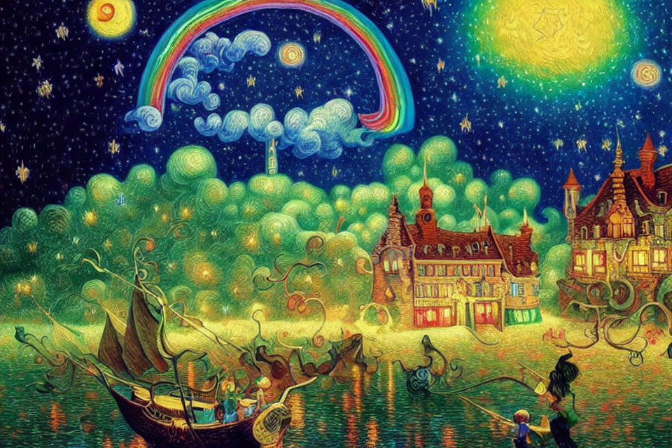 Fantasy scene: radiant sky, whimsical rainbow, starry night, figures on small boat,