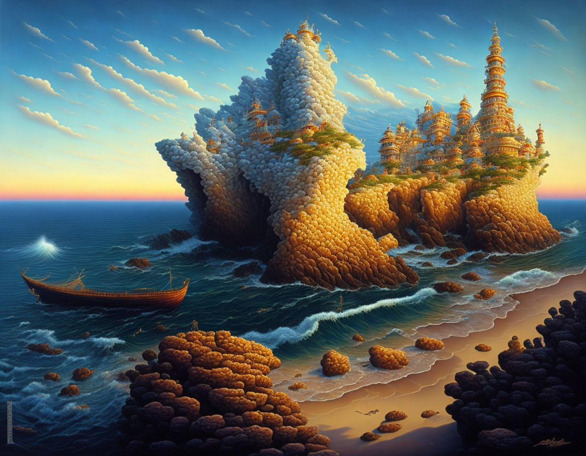 Fantastical landscape with ornate towers, rocky formations, boat, and star reflection at sunset