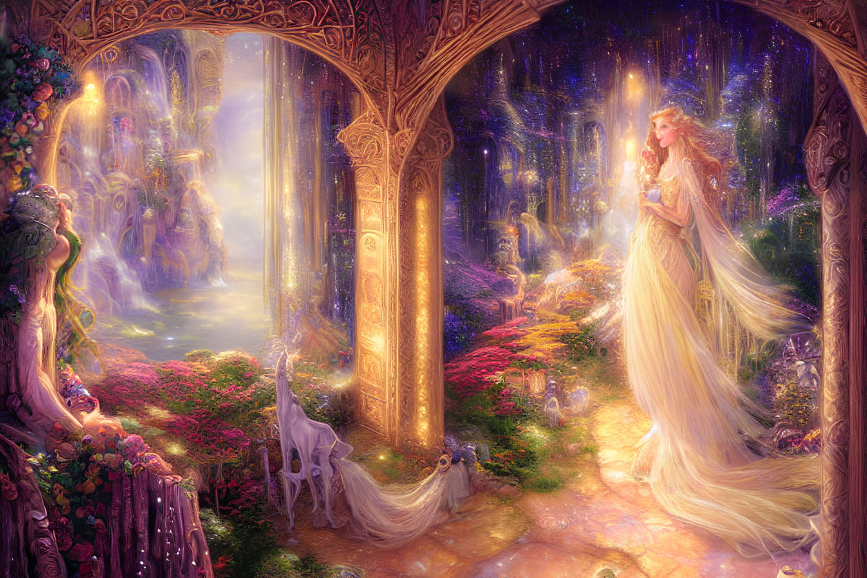 Ethereal woman with glowing staff in magical fantasy scene