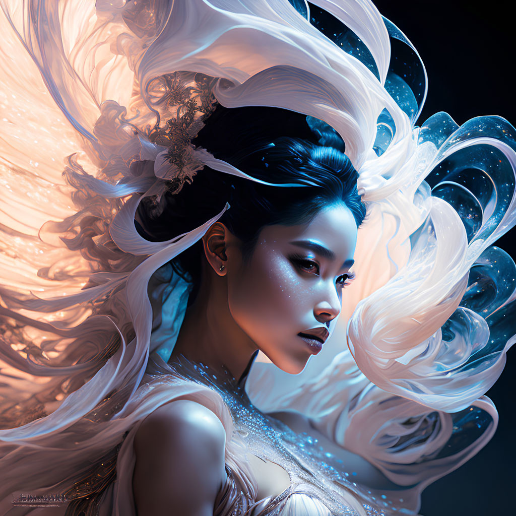 Portrait of Woman with Swirling White Hair and Blue Glow on Dark Background