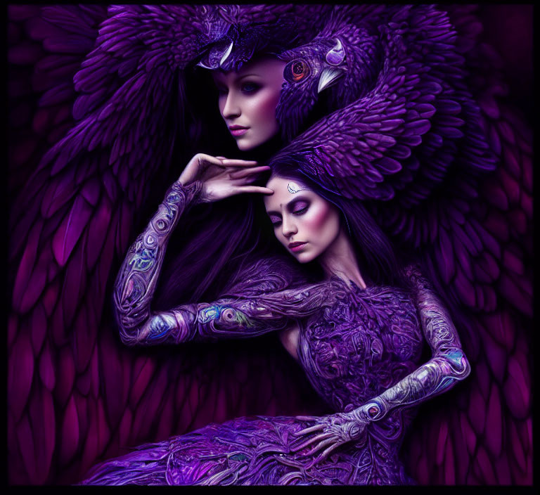 Artwork featuring figures with purple plumage, ornate tattoos, and an owl creature embracing a serene