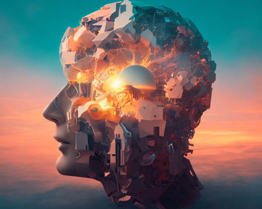 Digital art: Fragmented robot head against sunset sky