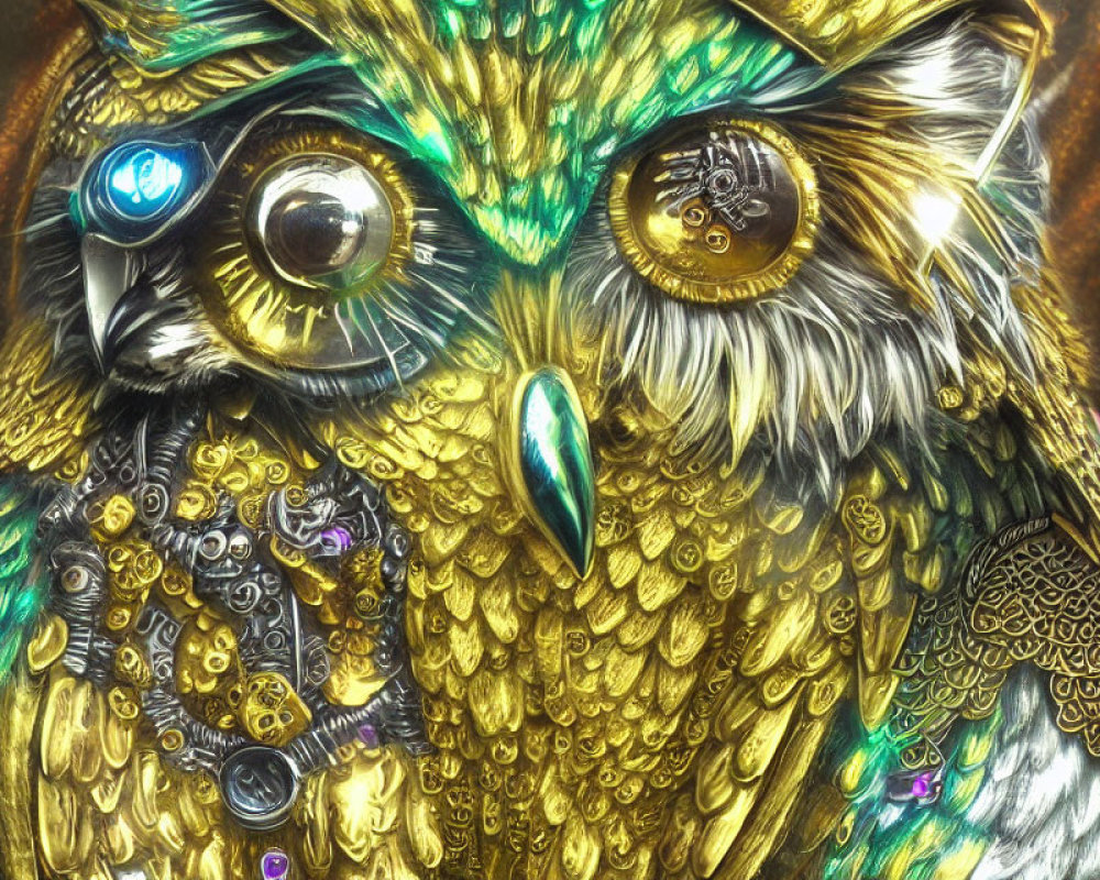 Intricately crafted metallic owl with gemstones and gears