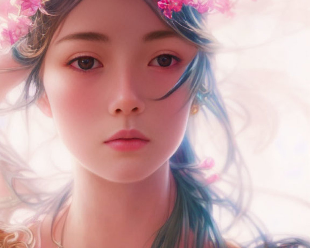 Digital artwork: Woman with blue-tinted hair and pink flowers, serene gaze, soft glowing background