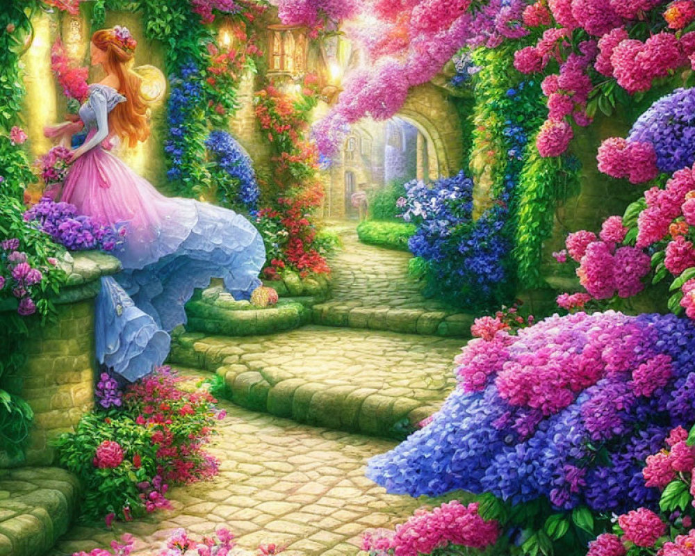 Vibrant garden pathway with flowers, arch, and woman in pink dress.