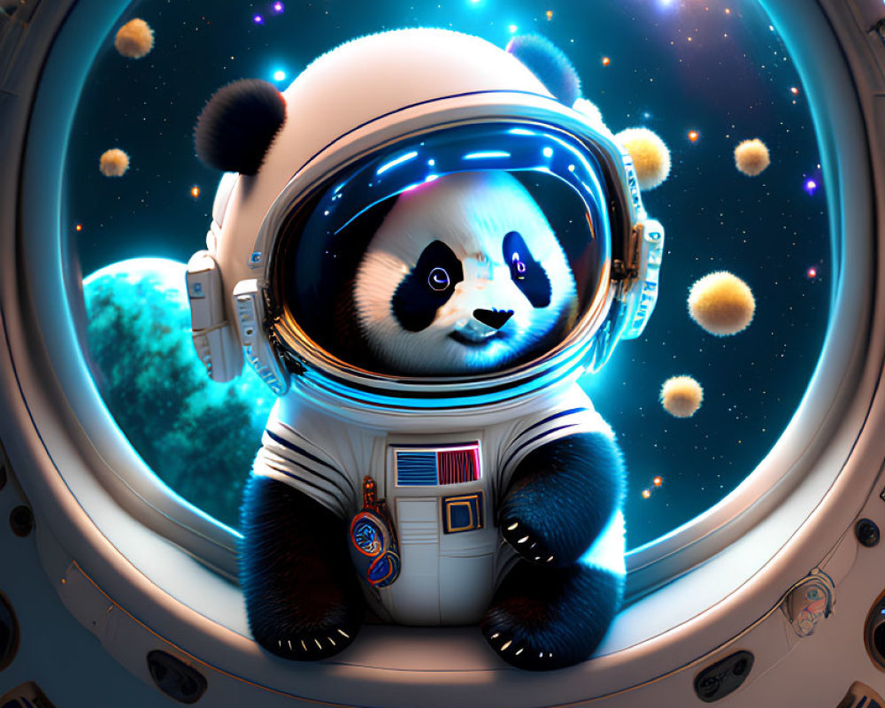 Cute panda astronaut in space suit in spacecraft with stars view