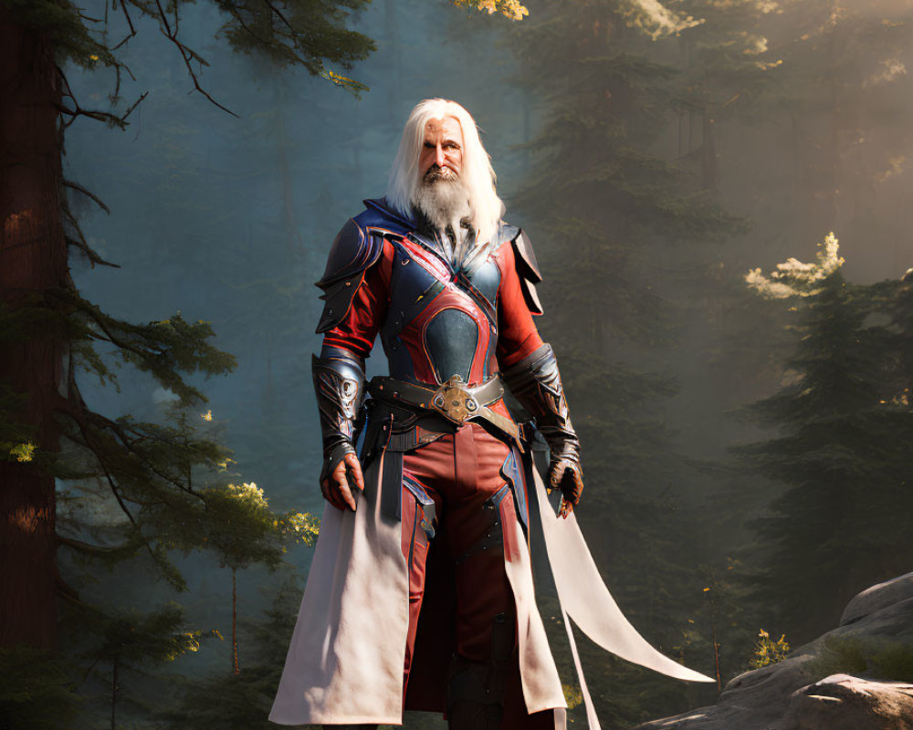 Elderly warrior in blue and red medieval costume with armor stands in forest