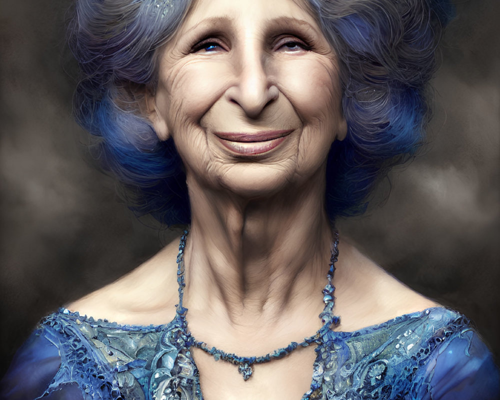 Elderly woman with kind smile in ornate blue dress